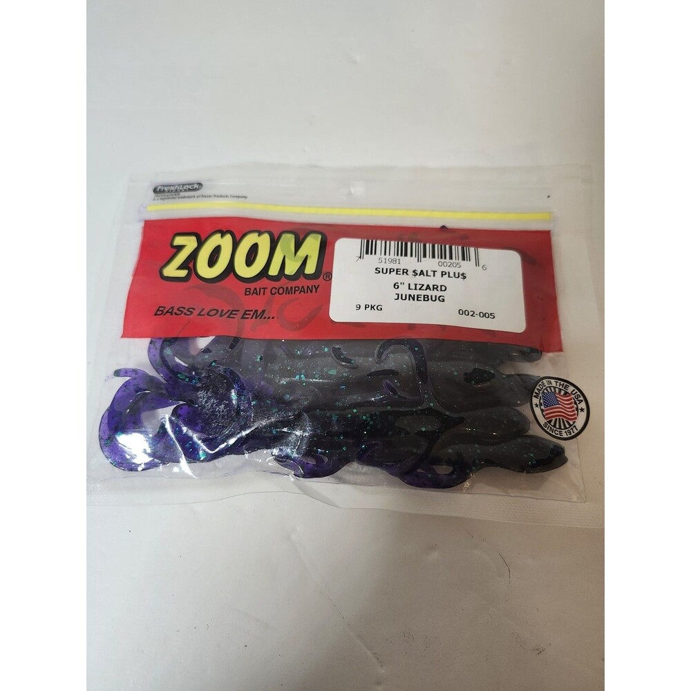 Zoom 6" Lizard Super Salt Plus 9 Count Pack Bass Fishing Junebug